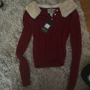 Vintage Red sweater with removable fur neck.